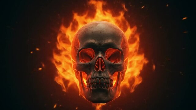 A dark skull engulfed in bright orange flames with sparks against a dark background shown close up