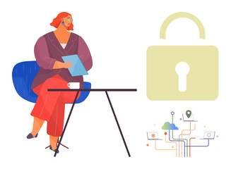 Woman in a chair holding documents at a table, large lock symbol, digital network with cloud, devices, and icons. Ideal for technology, security, privacy, cloud storage data protection teamwork