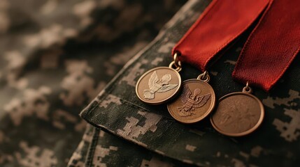 Closeup of military medals on a uniform, symbolizing honor and sacrifice for Veterans Day