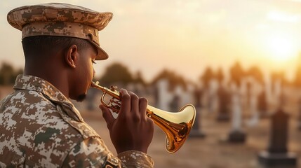 Military bugler playing  Taps  at a cemetery, paying respects on Veterans Day