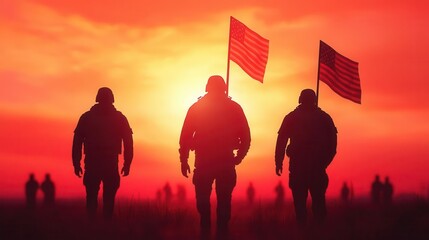 Soldiers carrying flags at sunrise, marching to honor Veterans Day