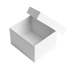 A white, open box, angled slightly, showing its empty interior