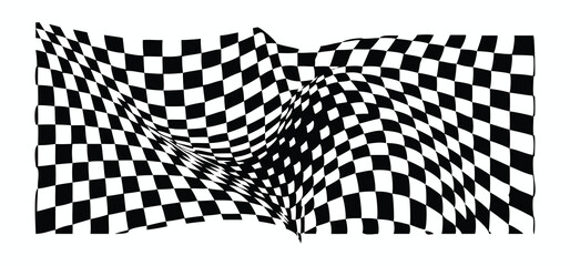Vector art of a black and white checkered racing flag waving, isolated on white background.