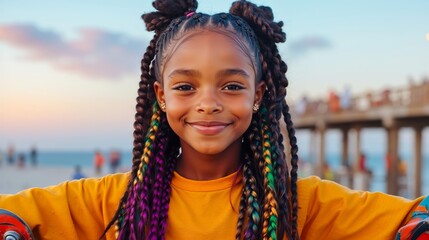 A young girl with colorful braids smiles at the camera