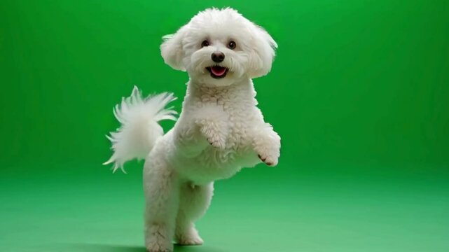 Playful White Dog Jumping on Green Screen