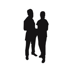 A simple, black silhouette of two figures standing in conversation.