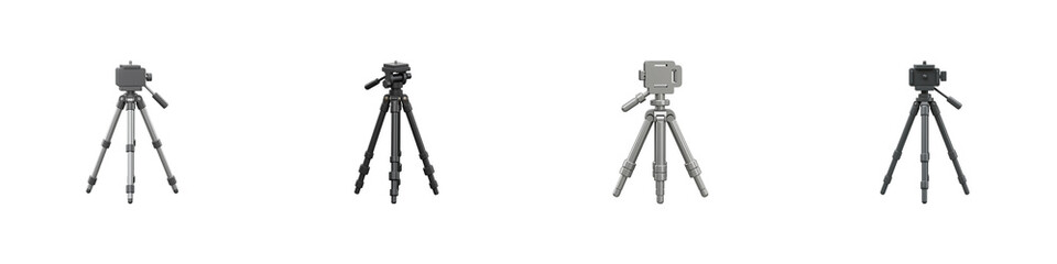 Miniature Tripods Set: Four small tripods in various shades of gray, perfect for tabletop photography or miniature scenes.