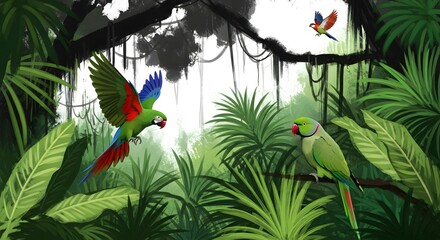 Lush tropical jungle parrots illustration with vibrant macaw and ringneck parakeet artwork