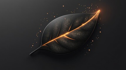 Elegant black leaf with golden vein and sparkling lights on dark background
