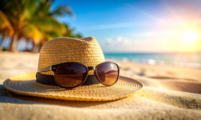 sun glasses and hat on beach