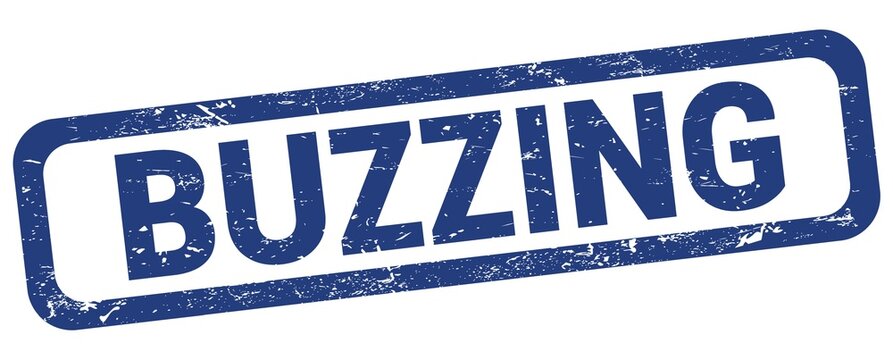 BUZZING text written on blue rectangle stamp.