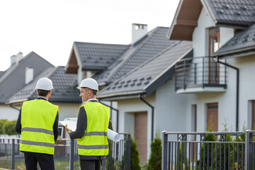 Construction workers reviewing plans in residential area