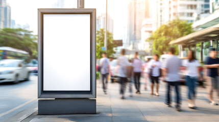 A blank billboard on a busy city street, surrounded by pedestrians and modern buildings, ideal for advertising purposes.