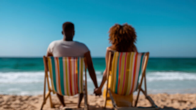 Composition of hello july over african american couple holding hands in deckchairs on beach. A loving embrace on sandy shore during summer month a romantic interlude for a pair. - Powered by Adobe