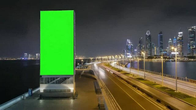 Timelapse green screen billboard on waterfront with night traffic. Vertical lightbox with chroma key on city street. Streetlights reflection on water. Commercial information and Generative AI 