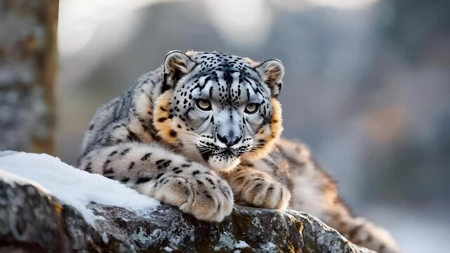 A snow leopard resting on a rocky surface with snow in the background. Its distinctive spotted fur is prominently displayed.