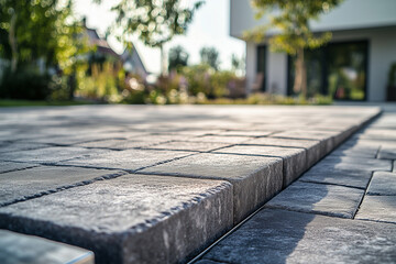 Close-up of freshly laid paving stones in a private home courtyard, with clean metal galvanized curbs, modern landscape design