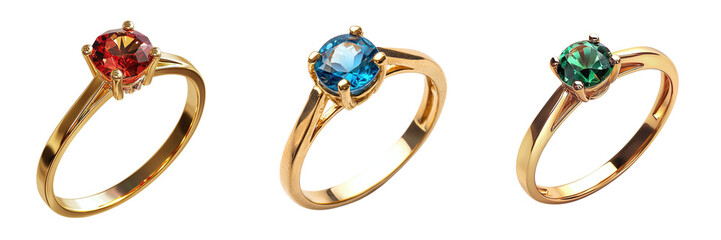 Beautiful gold rings with precious stone set isolated on transparent background PNG
