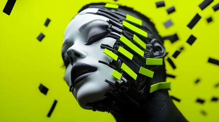 A woman with a futuristic head made out of black and yellow squares
