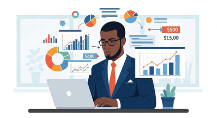 A businessman analyzes financial data using his laptop. He is working on a business report, looking at charts and graphs. He is planning a new project with a focus on data analysis and market growth.
