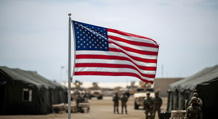 Fototapeta premium Waving American Flag Over Military Base with Tent and Vehicle