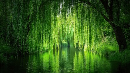 Tranquil river scene with lush verdant willow trees awakening and reflecting in the still calming waters of springtime Peaceful soothing natural landscape with a sense of renewal and tranquility