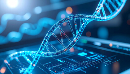 DNA helix in modern lab environment: a captivating shot of a digital DNA helix, aglow against a backdrop of technological interfaces.