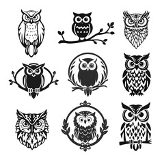 Collection of owls with sharp eyes, clean lines, symbol of wisdom and strength. vector owl, owl emblem, night bird, tribal owl	