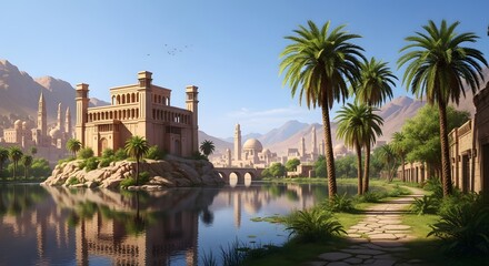 Fototapeta premium Oasis city landscape architecture palm trees mountains reflection water serene travel destination