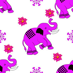 Funny cartoon pink elephant with flowers, a charming vector animal illustration