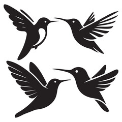 Set of flying humming bird vector illustrations with wings feathers and silhouettes