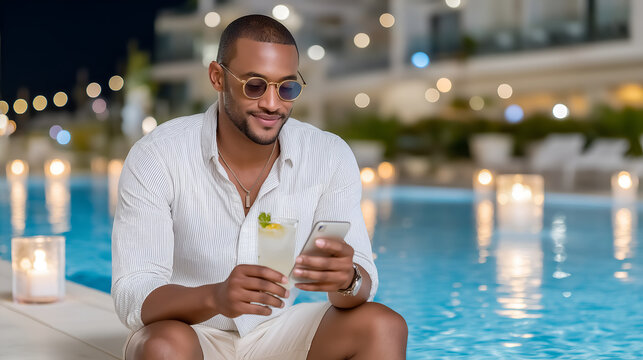 Wealthy traveler relaxing poolside, enjoying cocktail amid flickering candlelight, scrolling smartphone under twilight sky during tropical resort getaway