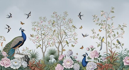 Peacock birds butterflies floral garden nature scene elegant artwork illustration design art print