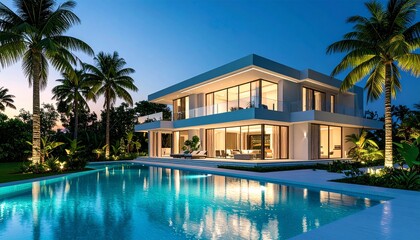Fototapeta premium Contemporary luxury villa with pool and palm trees showcased with copy space on the left