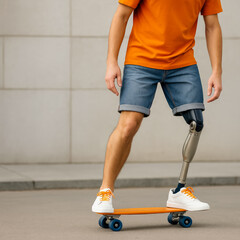 Close-up of a young man with a prosthetic leg riding a skateboard in the open air