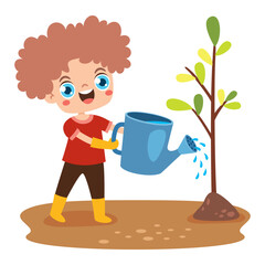 Cartoon Kid Gardening At Nature