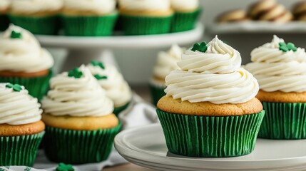 Beautifully Decorated St Patrick s Day Dessert Table Featuring an Assortment of Festive Cupcakes and Cookies for a Holiday or Party