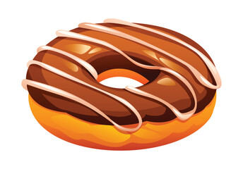 Delicious chocolate donut topped with elegant white icing stripes, a classic sweet treat for any occasion. Vector cartoon illustration