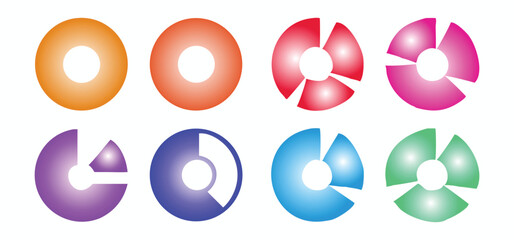 Vector art of collection of colorful pie charts isolated on white background.