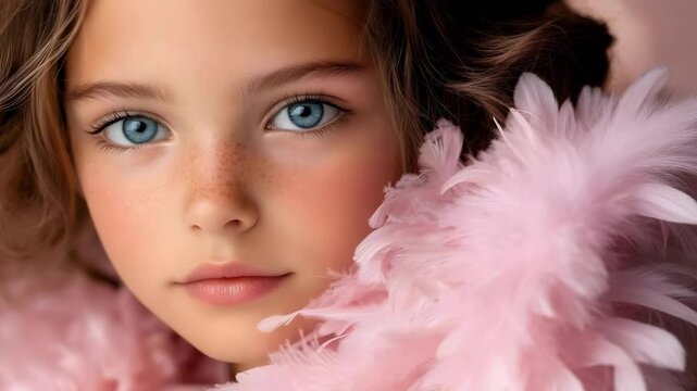 A close-up portrait of a young girl with blue eyes, curly hair, and a pink feather boa, set against a soft, blurred background.