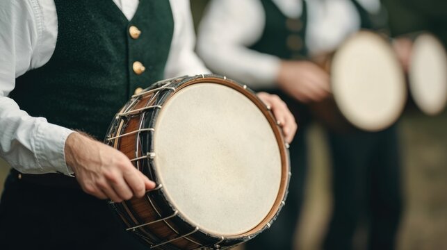 Traditional Irish band playing music on stage during a St  Patrick s Day festival Musicians performing with various musical instruments including drums creating a lively and festive atmosphere - Powered by Adobe