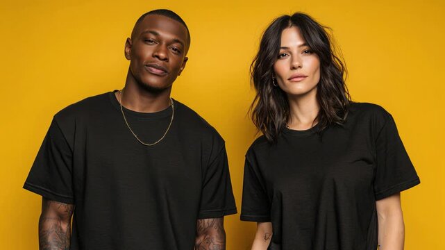 A man and a woman posing in front of an orange background like models.