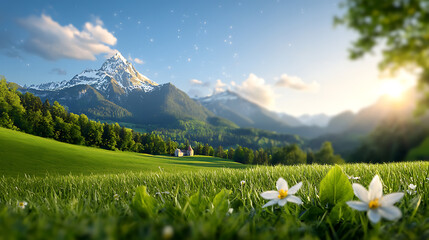 Fototapeta premium Breathtaking sunrise over snow-capped mountain range serene meadow nature photography peaceful atmosphere wide angle view