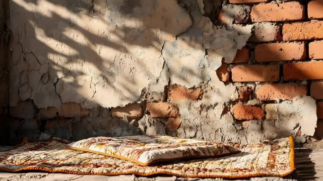 A cozy corner featuring a patterned cushion on a textured surface, illuminated by shadows against a weathered brick wall.
