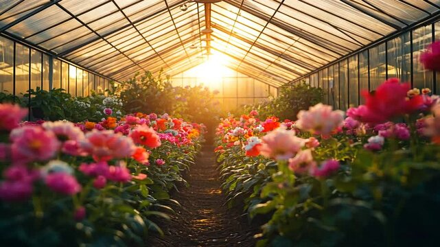 Greenhouse filled with colorful peonies at sunset.