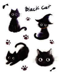 Black cat, painted in watercolor, cute, full body, frontal, and the black cat wearing a witch's hat.