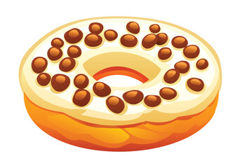 Delicious donut with vanilla icing and many chocolate chips. Vector cartoon illustration
