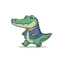 Funny crocodile cartoon in stylish outfit walking with a confident expression. Vector Illustration