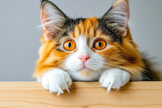 A calico cat peeking over a wooden box with its paws on the edge - Powered by Adobe