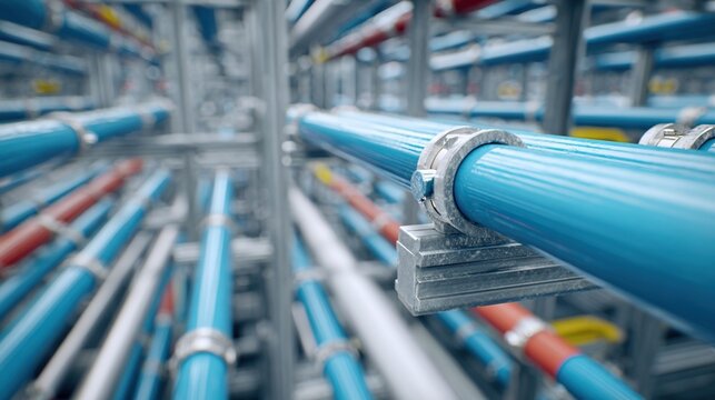 A closeup of a segment of a pipe rack highlighting the detailed color coding of pipes and fittings with fasteners and brackets securing them to the framework emphasizing the systems